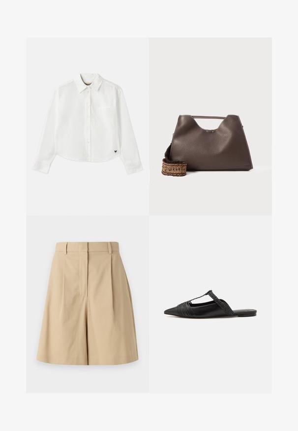 Biely skrátený dlhý rukáv košeľa vyrobená z bavlny. Má gombíkový predný zapínanie, vrecko na hrudi a malé čierne logo na spodnej ľavej strane.; Béžové skladané šortky s vysokým pásom, s hladkou textúrou a bez viditeľných zapínaní, navrhnuté pre čistý siluetu.; Čierne kožené sandále so špičatou špičkou, ktoré majú tkaný detail a zborený dizajn vrchnej časti. Plochá podrážka s minimálnym hardvérom.; Hnedá kožená kabelka s textúrovaným povrchom, ostrým dizajnom a charakteristickou hornou rúčkou. Obsahuje detail so vzorovaným tkaným pásikom.