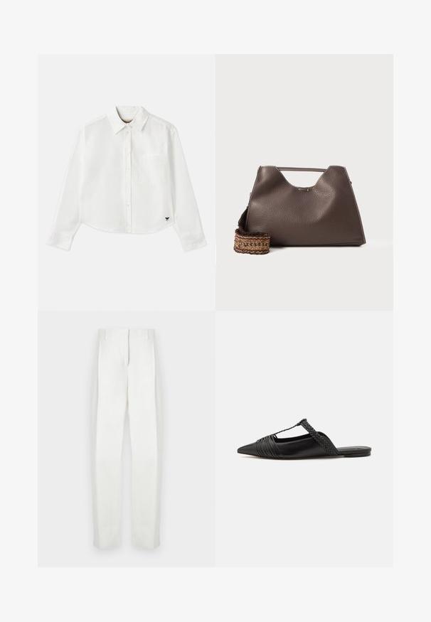 Bílá zkrácená košile s dlouhým rukávem vyrobená z bavlny. Má zapínání na knoflíky vpředu, náprsní kapsu a malé černé logo na dolním levém rohu.; Paul Smith Kalhoty - white; Černé kožené slingback boty se špičatou špičkou, s tkaným akcentem a plisovaným designem svršku. Plochá podešev s minimálním kovovým zapínáním.; Hnědá kožená kabelka s texturovaným povrchem, ostrým designem a výraznou horní rukojetí. Obsahuje detail tkaného popruhu se vzorem.