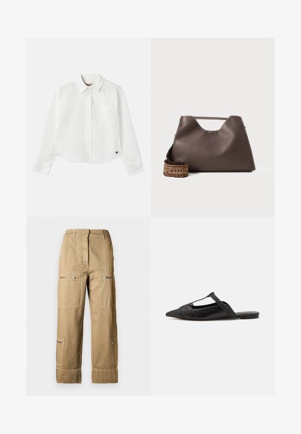 Valge lühikesed varrukad puuvillane särk. Omab nööbiga esist, rinna taskut ning väikest musta logo all vasakul.; Kerged teksad, mis on valmistatud puuvillast heledates khaki toonides, mitmete taskute, lukudega ning vabalt istuva lõike ja trimmitud sääreotsadega.; Must kuulsad nahast kandadega kingad, millel on terav nina, koos kootud detaili ja volditud ülaosaga. Lame tald minimaalse riistvaraga.; Pruun nahkne käekott tekstureeritud viimistlusega, nurkadega disain ja silmapaistev ülemine sang. Omab mustriga kootud rihma detaili.