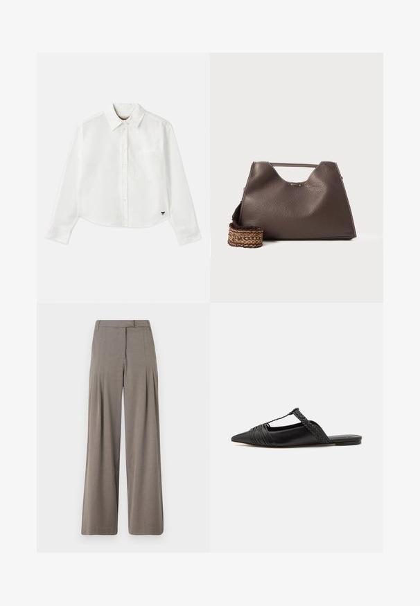 Biały, krótki, długi rękaw koszuli wykonanej z bawełny. Posiada zapięcie na guziki z przodu, kieszeń na piersi oraz małe czarne logo w lewym dolnym rogu.; Spodnie o szerokich nogawkach w jasnobrązowym materiale, z zaszewkami, płaskim przodem i czystym wykończeniem. Gładka tekstura z delikatnym połyskiem.; Czarny skórzany but na odkrytej pięcie z pointed toe, ozdobiony plecionym akcentem i plisowanym wzorem górnej części. Płaska podeszwa z minimalnymi elementami.; Brązowa skórzana torebka niezbyt miękka w dotyku, o kanciastym kształcie i charakterystycznym górnym uchwycie. Posiada wzorzystą wplecioną taśmę.