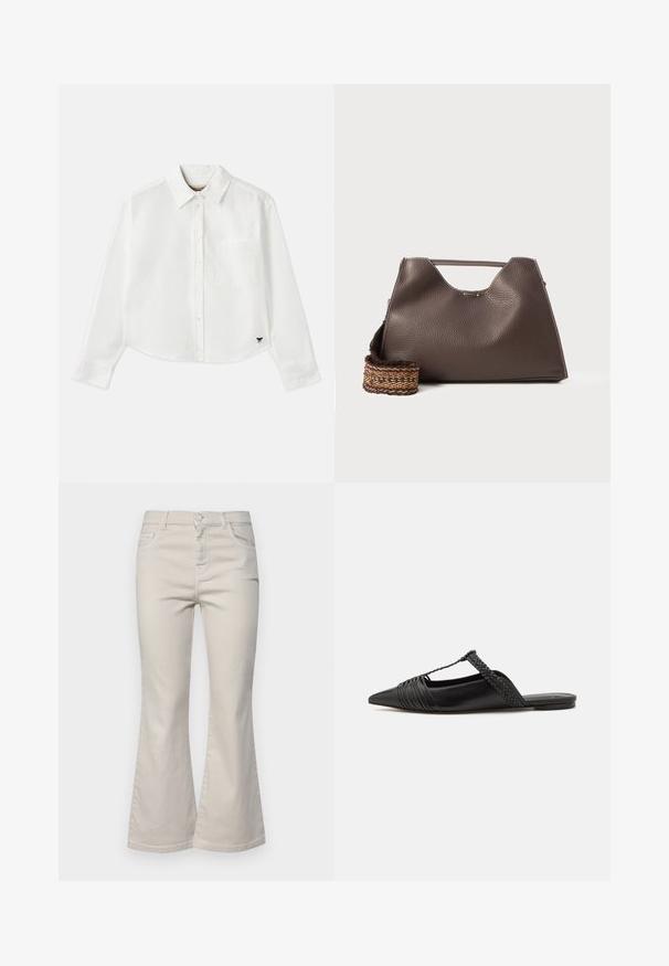 Baltas trumpas ilgos rankovės marškinėliai, pagaminti iš medvilnės. Turintys sagų priekį, krūtinės kišenę ir mažą juodą logotipą apačioje kairėje pusėje.; Bežinės medvilninės platėjančios džinsinės kelnės su penkiomis kišenėmis, priekyje užsegamos mygtuku ir su diržo kilpos, pasižyminčios lygiu paviršiumi ir tiesia forma.; Juodos odinės slingback bateliai su smailiu pirštu, turintys audinį akcentą ir raukšlėtą viršutinį dizainą. Lygus padas su minimaliais aksesuarais.; Ruda odinė rankinė su tekstūruotu paviršiumi, kampuota forma ir išskirtiniu viršutiniu rankena. Yra raštuota pintinė diržo detalė.