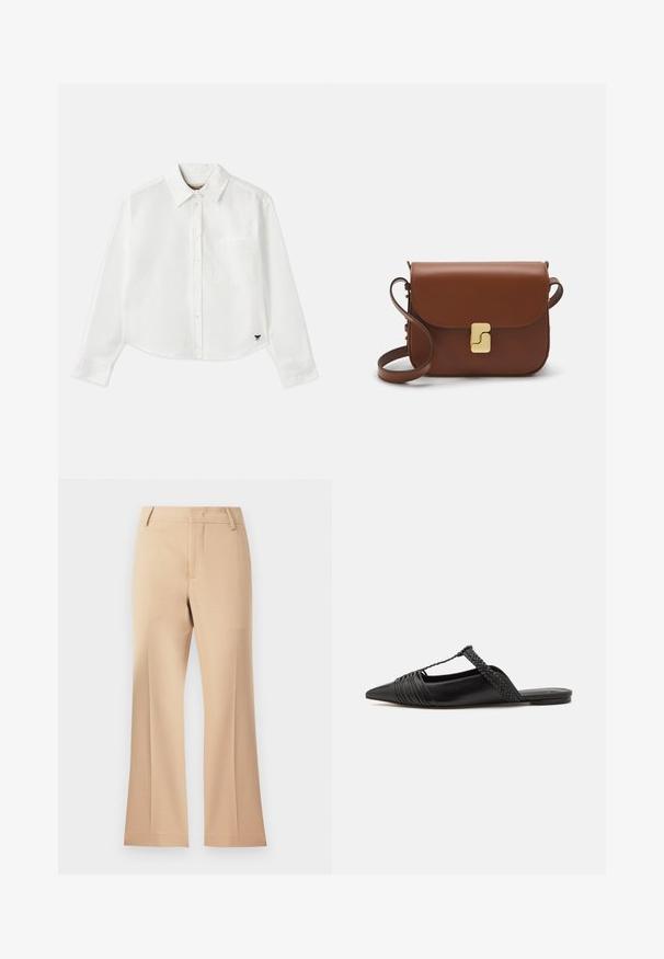 Bílá zkrácená košile s dlouhým rukávem vyrobená z bavlny. Má zapínání na knoflíky vpředu, náprsní kapsu a malé černé logo na dolním levém rohu.; Béžové kalhoty s širokými nohavicemi a hladkou texturou, s mírným pasem a čistými předními záhyby. Jednoduchý design, bez viditelných ozdob.; Černé kožené slingback boty se špičatou špičkou, s tkaným akcentem a plisovaným designem svršku. Plochá podešev s minimálním kovovým zapínáním.; Hnědá kožená kabelka s klopou, zlatými kovovými detaily, ramenním popruhem a hladkým povrchem. Kompaktní obdélníkový tvar.