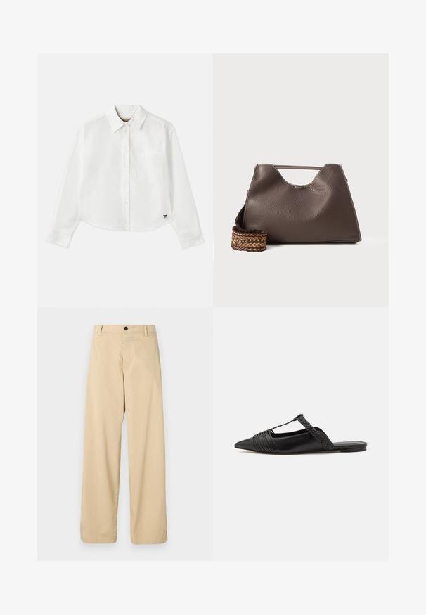 Weißes, kurzes Langarmhemd aus Baumwolle. Verfügt über eine durchgehende Knopfleiste, eine Brusttasche und ein kleines schwarzes Logo unten links.; Beige Baumwollhose mit geradem Schnitt, ausgestattet mit einem Reißverschluss vorne, einem einzelnen schwarzen Knopf und zwei seitlichen Taschen.; Schwarzer Leder-Slingback-Schuh mit spitzem Zehenbereich, ausgestattet mit einem geflochtenen Akzent und einem gefalteten Oberdesign. Flache Sohle mit minimalem Zubehör.; Braune Lederhandtasche mit strukturiertem Finish, kantigem Design und einem markanten oberen Griff. Verfügt über ein gemustertes, geflochtenes Riemendetail.