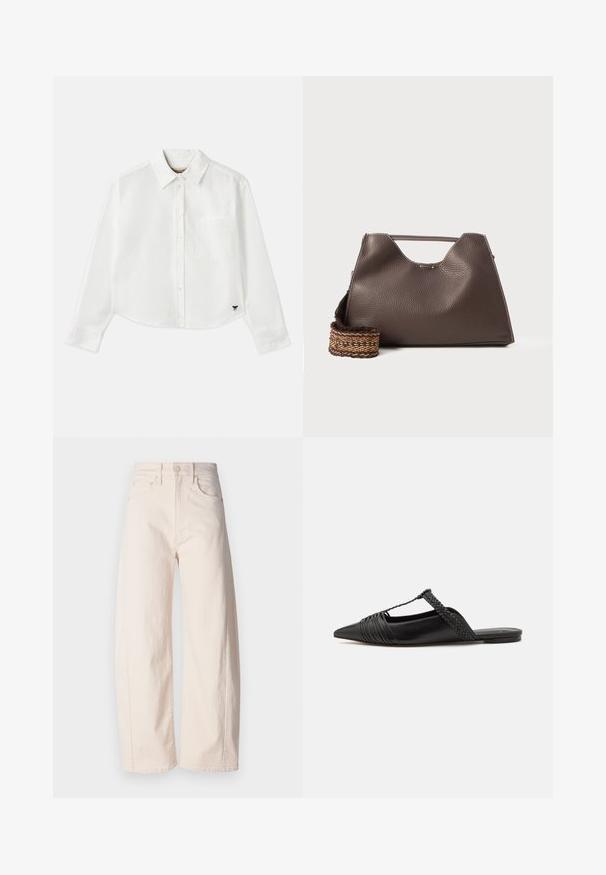 Baltas trumpas ilgos rankovės marškinėliai, pagaminti iš medvilnės. Turintys sagų priekį, krūtinės kišenę ir mažą juodą logotipą apačioje kairėje pusėje.; Mother THE HALF PIPE ANKLE - Platėjantys džinsai - off-white; Juodos odinės slingback bateliai su smailiu pirštu, turintys audinį akcentą ir raukšlėtą viršutinį dizainą. Lygus padas su minimaliais aksesuarais.; Ruda odinė rankinė su tekstūruotu paviršiumi, kampuota forma ir išskirtiniu viršutiniu rankena. Yra raštuota pintinė diržo detalė.