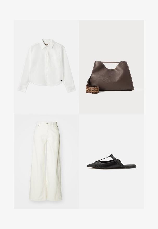 Camicia bianca a maniche lunghe e taglio corto in cotone. Presenta una chiusura con bottoni sul davanti, una tasca sul petto e un piccolo logo nero in basso a sinistra.; Jeans bianchi a gamba larga in denim. Presentano una vita alta, chiusura frontale con bottone e classica vestibilità a cinque tasche. Texture liscia, senza motivi.; Scarpa slingback in pelle nera con punta appuntita, con un dettaglio intrecciato e un design superiore plissettato. Suola piatta con hardware minimale.; Borsa a mano in pelle marrone con finitura texturizzata, design angolare e un manico superiore distintivo. Presenta un dettaglio a tracolla intrecciato con motivo.
