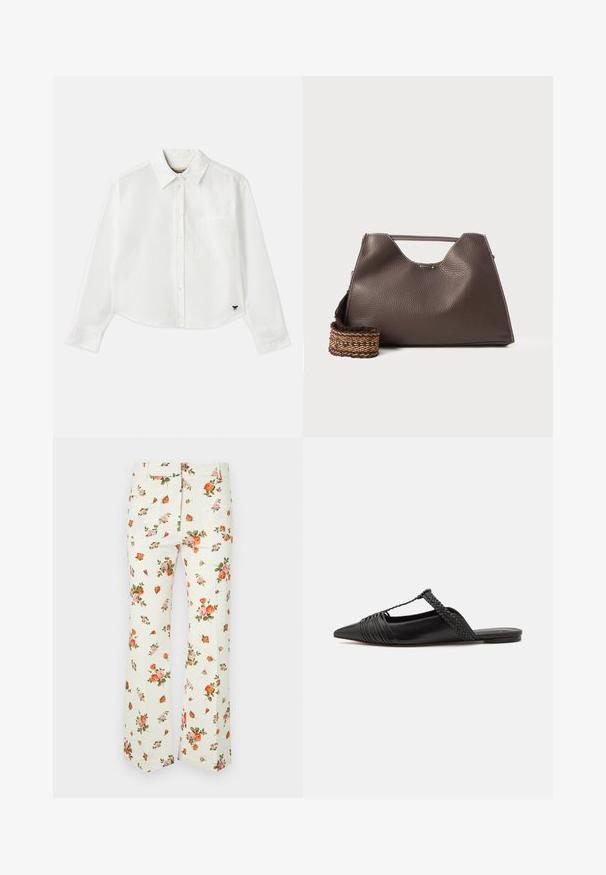 Bílá zkrácená košile s dlouhým rukávem vyrobená z bavlny. Má zapínání na knoflíky vpředu, náprsní kapsu a malé černé logo na dolním levém rohu.; Floralní kalhoty vyrobené z lehké látky, s krémovým podkladem a růžovými a oranžovými vzory růží, rovný střih nohou a dvěma zadními kapsami.; Černé kožené slingback boty se špičatou špičkou, s tkaným akcentem a plisovaným designem svršku. Plochá podešev s minimálním kovovým zapínáním.; Hnědá kožená kabelka s texturovaným povrchem, ostrým designem a výraznou horní rukojetí. Obsahuje detail tkaného popruhu se vzorem.