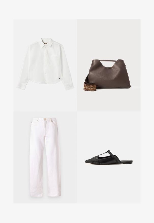 Camicia bianca a maniche lunghe e taglio corto in cotone. Presenta una chiusura con bottoni sul davanti, una tasca sul petto e un piccolo logo nero in basso a sinistra.; Jeans in denim bianco con una vestibilità relaxed, gamba dritta, design a cinque tasche e chiusura con bottone. Presenta cuciture visibili e hardware minimale.; Scarpa slingback in pelle nera con punta appuntita, con un dettaglio intrecciato e un design superiore plissettato. Suola piatta con hardware minimale.; Borsa a mano in pelle marrone con finitura texturizzata, design angolare e un manico superiore distintivo. Presenta un dettaglio a tracolla intrecciato con motivo.
