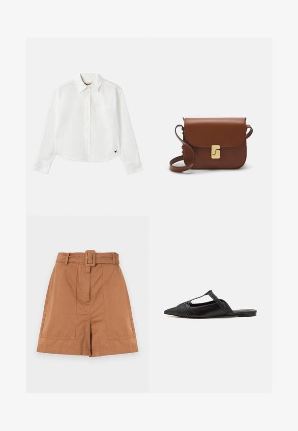 White cropped long-sleeve shirt made of cotton. Features a button-up front, a chest pocket, and a small black logo on the bottom left.; Brown cotton shorts feature a belted waist, front pleats, and two side pockets, with a smooth texture and tailored design.; Black leather slingback shoe with a pointed toe, featuring a woven accent and pleated upper design. Flat sole with minimal hardware.; Brown leather handbag with a flap closure, gold-tone hardware, a shoulder strap, and a smooth texture. Compact rectangular shape.