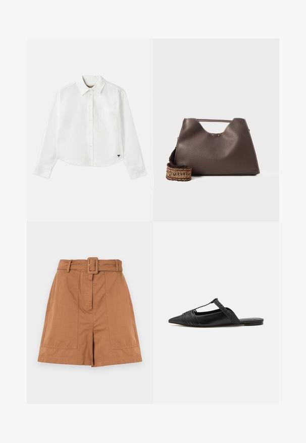 Bílá zkrácená košile s dlouhým rukávem vyrobená z bavlny. Má zapínání na knoflíky vpředu, náprsní kapsu a malé černé logo na dolním levém rohu.; Hnědé bavlněné šortky mají pásek v pase, přední sklady a dvě boční kapsy, s hladkou texturou a přizpůsobeným designem.; Černé kožené slingback boty se špičatou špičkou, s tkaným akcentem a plisovaným designem svršku. Plochá podešev s minimálním kovovým zapínáním.; Hnědá kožená kabelka s texturovaným povrchem, ostrým designem a výraznou horní rukojetí. Obsahuje detail tkaného popruhu se vzorem.