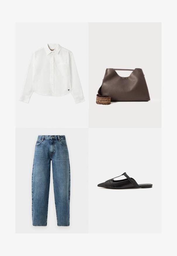 Bijela skraćena košulja dugih rukava napravljena od pamuka. Ima gumb za zatvaranje sprijeda, džep na prsima i mali crni logotip na donjem lijevom dijelu.; Svijetloplave traperice s ravnim krojem, visokim strukom i minimalističkim šavovima. Klasičan stil s pet džepova i metalnim detaljima.; Crne kožne cipele s remenom oko pete i šiljastim vrhom, s pletenim naglaskom i nabranim gornjim dijelom. Ravni đon s minimalnim hardverom.; Smeđa kožna torba s teksturiranom površinom, kutnim dizajnom i prepoznatljivom gornjom ručkom. Ima detalj sa pletenim uzorkom na remenu.