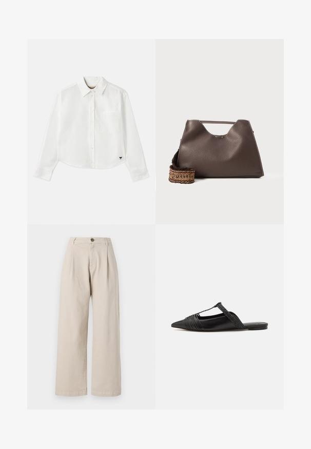 Witte, cropped, langemouwen shirt van katoen. Heeft een knoopsluiting aan de voorkant, een borstzak en een klein zwart logo op de linksonder.; Beige wijde broek met hoge taille, voorplooien, enkele knoopsluiting en een gladde stofstructuur.; Zwarte leren slingback schoen met een puntige neus, voorzien van een gevlochten accent en geplooid ontwerp aan de bovenkant. Platte zool met minimale hardware.; Bruine leren handtas met een gestructureerde afwerking, hoekig ontwerp en een kenmerkende bovenhandgreep. Beschikt over een gestreepte geweven riemdetail.