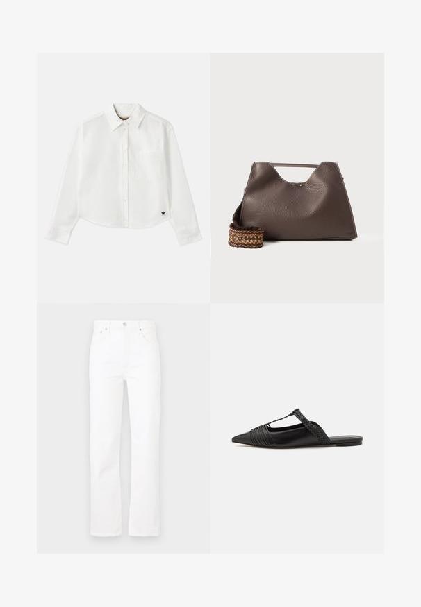 Bijela skraćena košulja dugih rukava napravljena od pamuka. Ima gumb za zatvaranje sprijeda, džep na prsima i mali crni logotip na donjem lijevom dijelu.; Bijele traperice sa ravnim nogavicama, pet džepova i kopčanjem na dugme. Glatka tekstura i čisti dizajn, pogodne za svakodnevno nošenje.; Crne kožne cipele s remenom oko pete i šiljastim vrhom, s pletenim naglaskom i nabranim gornjim dijelom. Ravni đon s minimalnim hardverom.; Smeđa kožna torba s teksturiranom površinom, kutnim dizajnom i prepoznatljivom gornjom ručkom. Ima detalj sa pletenim uzorkom na remenu.