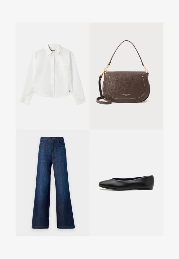 Weißes, kurzes Langarmhemd aus Baumwolle. Verfügt über eine durchgehende Knopfleiste, eine Brusttasche und ein kleines schwarzes Logo unten links.; Weite Jeans aus dunkelblauem Denim. Sie verfügen über fünf Taschen, einen Frontknopfverschluss und sichtbare Nähte entlang des Bundes und Saums.; Paul Smith TOPANGA - Klassischer Ballerina - black; Braune Lederhandtasche mit strukturierter Oberfläche, geschwungener Form, weißen Nähten und goldenen Beschlägen. Verstellbarer Schultergurt inklusive.