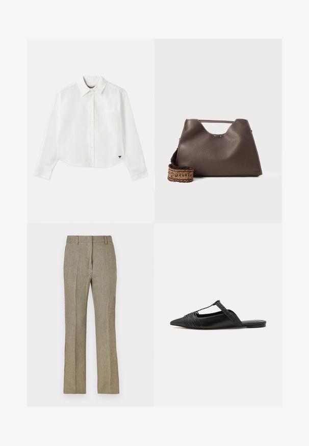 White cropped long-sleeve shirt made of cotton. Features a button-up front, a chest pocket, and a small black logo on the bottom left.; Beige and black checkered tailored trousers with a straight leg, featuring belt loops and side pockets, made of a smooth fabric.; Black leather slingback shoe with a pointed toe, featuring a woven accent and pleated upper design. Flat sole with minimal hardware.; Brown leather handbag with a textured finish, angular design, and a distinctive top handle. Features a patterned woven strap detail.