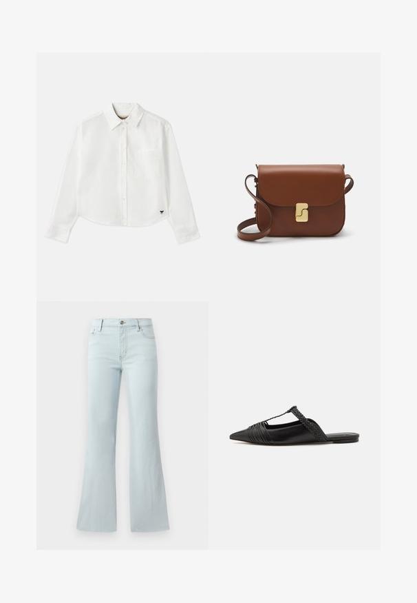Witte, cropped, langemouwen shirt van katoen. Heeft een knoopsluiting aan de voorkant, een borstzak en een klein zwart logo op de linksonder.; Lichtblauwe wijde jeans van denim. Heeft een klassiek vijf-pocket ontwerp en een sluiting met een knoop aan de voorkant. Heeft een gladde textuur.; Zwarte leren slingback schoen met een puntige neus, voorzien van een gevlochten accent en geplooid ontwerp aan de bovenkant. Platte zool met minimale hardware.; Bruine leren handtas met een klep sluiting, gouden hardware, een schouderband en een gladde textuur. Compact rechthoekige vorm.