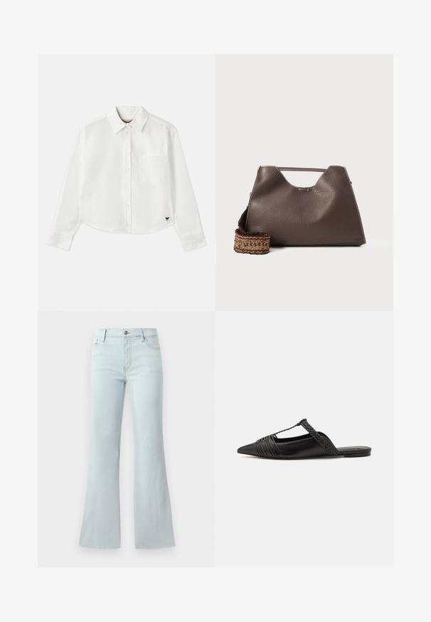 Valge lühikesed varrukad puuvillane särk. Omab nööbiga esist, rinna taskut ning väikest musta logo all vasakul.; Heledad sinine laienev teksapüks, mis on valmistatud denimist. Omab klassikalist viit taskut ja eest nööpidega sulgemist. Sile tekstuur kogu ulatuses.; Must kuulsad nahast kandadega kingad, millel on terav nina, koos kootud detaili ja volditud ülaosaga. Lame tald minimaalse riistvaraga.; Pruun nahkne käekott tekstureeritud viimistlusega, nurkadega disain ja silmapaistev ülemine sang. Omab mustriga kootud rihma detaili.