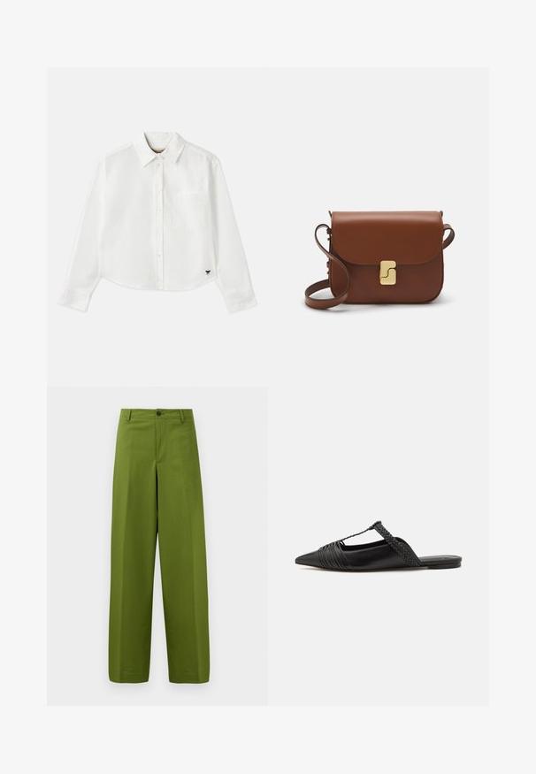 Witte, cropped, langemouwen shirt van katoen. Heeft een knoopsluiting aan de voorkant, een borstzak en een klein zwart logo op de linksonder.; Groene, wijde broek van gladde stof. Voorzien van een enkele sluiting met een frontknop en een vlak ontwerp aan de voorkant.; Zwarte leren slingback schoen met een puntige neus, voorzien van een gevlochten accent en geplooid ontwerp aan de bovenkant. Platte zool met minimale hardware.; Bruine leren handtas met een klep sluiting, gouden hardware, een schouderband en een gladde textuur. Compact rechthoekige vorm.