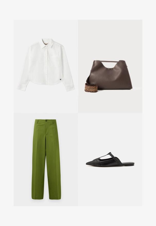 Balta, īsa garuma piedurkņu krekls, kas izgatavots no kokvilnas. Tam ir pogājama priekšpuse, krūšu kabata un mazs melns logo apakšējā kreisajā stūrī.; Zaļas platās kājas bikses, izgatavotas no gludas auduma. Iekļauj vienu priekšējo pogu un plakanu priekšpusi.; Melnas ādas slingback kurpes ar norādītu purngali, kurām ir austoša akcenta un krokota augšdaļa. Plakana zole ar minimālu aparatūru.; Brūna ādas rokassoma ar strukturētu apdari, leņķīgu dizainu un izteiksmīgu augšējo rokturi. Iespējamā rakstaina austā siksna.