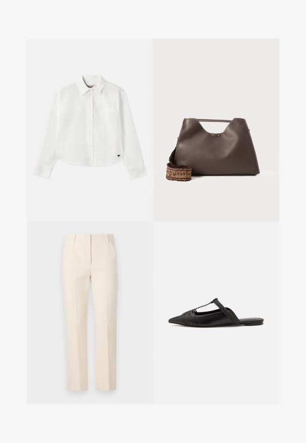 Biały, krótki, długi rękaw koszuli wykonanej z bawełny. Posiada zapięcie na guziki z przodu, kieszeń na piersi oraz małe czarne logo w lewym dolnym rogu.; Beżowe spodnie o dopasowanym kroju z prostą nogawką, z dwoma plisami z przodu i płaskim pasem. Wykonane z gładkiego materiału. Bez widocznych kieszeni.; Czarny skórzany but na odkrytej pięcie z pointed toe, ozdobiony plecionym akcentem i plisowanym wzorem górnej części. Płaska podeszwa z minimalnymi elementami.; Brązowa skórzana torebka niezbyt miękka w dotyku, o kanciastym kształcie i charakterystycznym górnym uchwycie. Posiada wzorzystą wplecioną taśmę.