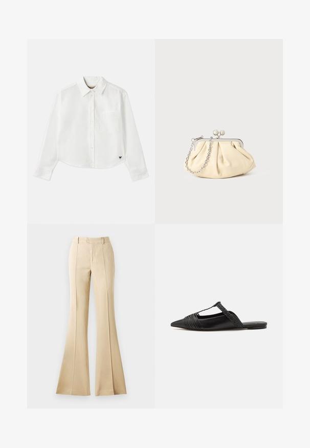 Witte, cropped, langemouwen shirt van katoen. Heeft een knoopsluiting aan de voorkant, een borstzak en een klein zwart logo op de linksonder.; Beige uitlopende broek gemaakt van een gladde stof, met voorplooien, een hoge taille en een schone, op maat gemaakte uitstraling.; Zwarte leren slingback schoen met een puntige neus, voorzien van een gevlochten accent en geplooid ontwerp aan de bovenkant. Platte zool met minimale hardware.; Geplooide beige leren clutch met een zilveren metalen frame, voorzien van twee ronde decoratieve sluitingen en een zilveren kettingriem.