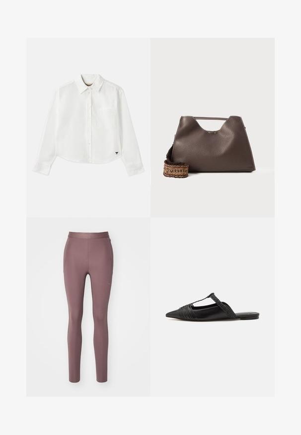Bílá zkrácená košile s dlouhým rukávem vyrobená z bavlny. Má zapínání na knoflíky vpředu, náprsní kapsu a malé černé logo na dolním levém rohu.; HOKA NOVAFLY RUN - Běžecké legíny - smokey quartz; Černé kožené slingback boty se špičatou špičkou, s tkaným akcentem a plisovaným designem svršku. Plochá podešev s minimálním kovovým zapínáním.; Hnědá kožená kabelka s texturovaným povrchem, ostrým designem a výraznou horní rukojetí. Obsahuje detail tkaného popruhu se vzorem.