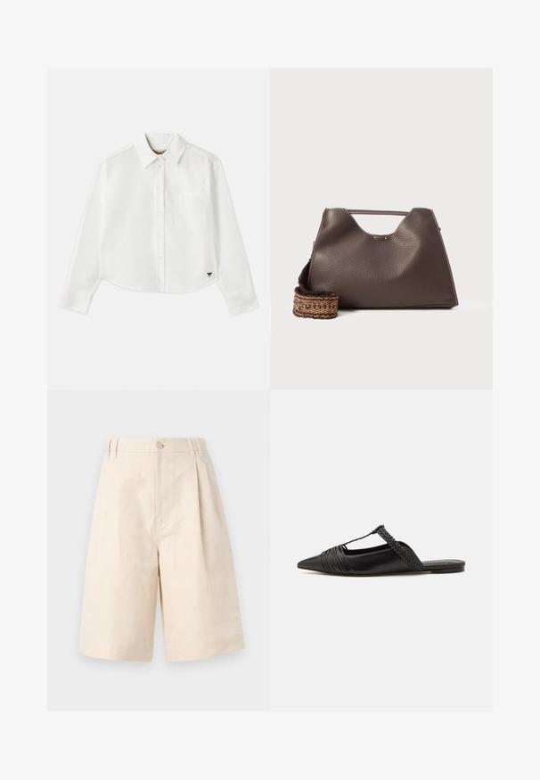 White cropped long-sleeve shirt made of cotton. Features a button-up front, a chest pocket, and a small black logo on the bottom left.; Beige linen shorts with a relaxed fit, featuring a button closure, pleated design, and knee-length cut. Smooth texture and simple style.; Black leather slingback shoe with a pointed toe, featuring a woven accent and pleated upper design. Flat sole with minimal hardware.; Brown leather handbag with a textured finish, angular design, and a distinctive top handle. Features a patterned woven strap detail.