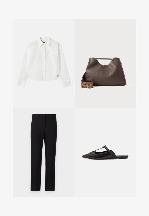 Balta, īsa garuma piedurkņu krekls, kas izgatavots no kokvilnas. Tam ir pogājama priekšpuse, krūšu kabata un mazs melns logo apakšējā kreisajā stūrī.; Melnas bikses ar pielāgotu piegriezumu, ar taisna griezuma dizainu, sānu kabatām un gludu auduma tekstūru.; Melnas ādas slingback kurpes ar norādītu purngali, kurām ir austoša akcenta un krokota augšdaļa. Plakana zole ar minimālu aparatūru.; Brūna ādas rokassoma ar strukturētu apdari, leņķīgu dizainu un izteiksmīgu augšējo rokturi. Iespējamā rakstaina austā siksna.