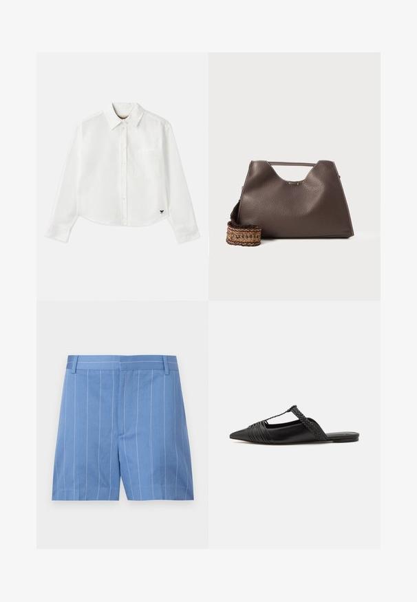 Bílá zkrácená košile s dlouhým rukávem vyrobená z bavlny. Má zapínání na knoflíky vpředu, náprsní kapsu a malé černé logo na dolním levém rohu.; Světle modré šortky s bílými svislými pruhy, vyrobené z hladkého materiálu, s plochým předním dílem a standardním pasem s poutky na opasek.; Černé kožené slingback boty se špičatou špičkou, s tkaným akcentem a plisovaným designem svršku. Plochá podešev s minimálním kovovým zapínáním.; Hnědá kožená kabelka s texturovaným povrchem, ostrým designem a výraznou horní rukojetí. Obsahuje detail tkaného popruhu se vzorem.