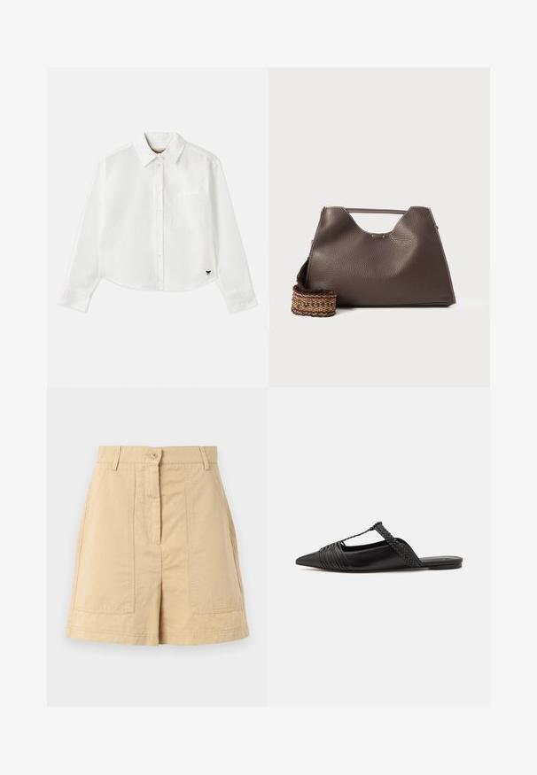 Witte, cropped, langemouwen shirt van katoen. Heeft een knoopsluiting aan de voorkant, een borstzak en een klein zwart logo op de linksonder.; Beige katoenen shorts met een hoge taille, sluiting met een knoop aan de voorkant, riemlussen en twee voorzakken. Soepele textuur en op maat gemaakte ontwerp.; Zwarte leren slingback schoen met een puntige neus, voorzien van een gevlochten accent en geplooid ontwerp aan de bovenkant. Platte zool met minimale hardware.; Bruine leren handtas met een gestructureerde afwerking, hoekig ontwerp en een kenmerkende bovenhandgreep. Beschikt over een gestreepte geweven riemdetail.