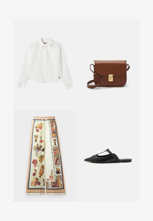 Bijela skraćena košulja dugih rukava napravljena od pamuka. Ima gumb za zatvaranje sprijeda, džep na prsima i mali crni logotip na donjem lijevom dijelu.; Široke hlače od lagane tkanine s pastelnom zelenom podlogom na kojoj se nalaze šarene ilustracije voća i vaza. Elastični pojas s vezicom.; Crne kožne cipele s remenom oko pete i šiljastim vrhom, s pletenim naglaskom i nabranim gornjim dijelom. Ravni đon s minimalnim hardverom.; Smeđa kožna torba s preklopom, zlatnim detaljima, remenom za nošenje preko ramena i glatkom teksturom. Kompaktni pravokutni oblik.