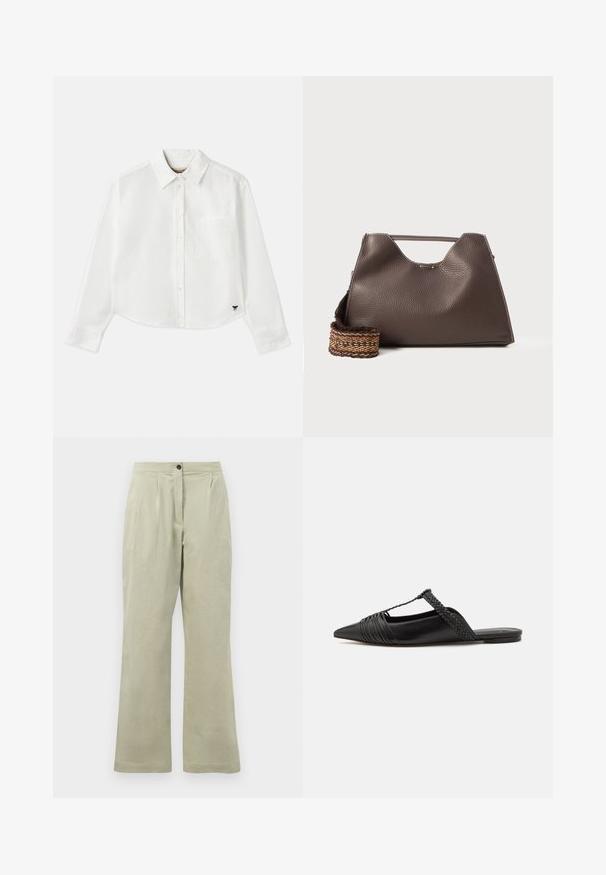 Vit kortärmad skjorta med lång ärm i bomull. Har en knapp-up framsida, en bröstficka och en liten svart logotyp längst ner till vänster.; Ljusgröna vida byxor i mjukt tyg, med framknäppning, veck och en ren fåll.; Svart läderslingback-sko med spetsig tå, med en vävd detalj och plisserad överdel. Platt sula med minimal hårdvara.; Brun läderhandväska med strukturerad finish, vinkelartad design och en distinkt topphandtag. Har ett mönstrat vävt remmdetalj.