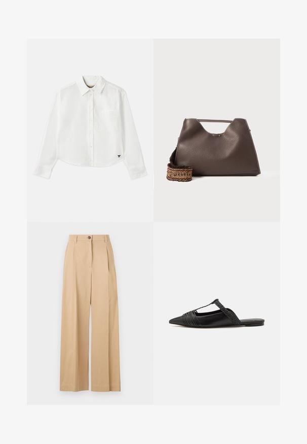 Cămașă albă cropped cu mânecă lungă din bumbac. Prezentă un închizător cu nasturi în față, un buzunar pe piept și un mic logo negru în partea stângă jos.; Pantaloni bej evazați, confecționați dintr-un material fin, având închidere frontală cu buton, pliuri și un design croit.; Pantofii din piele neagră cu curea la spate au vârful ascuțit, prezentând un accent țesut și un design superior pliat. Talpa joasă cu hardware minim.; Geantă de mână din piele maro cu un finisaj texturat, design unghiular și un mâner de sus distinctiv. Prezintă o detaliere a curelei împletite cu un model.