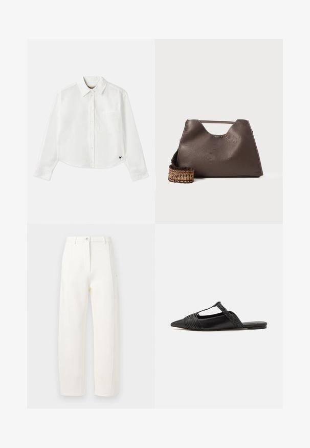 Biały, krótki, długi rękaw koszuli wykonanej z bawełny. Posiada zapięcie na guziki z przodu, kieszeń na piersi oraz małe czarne logo w lewym dolnym rogu.; Białe dopasowane spodnie o prostym kroju, z przodu z plisami, z zapięciem na zamek i guzik oraz bocznymi kieszeniami. Gładki materiał o matowym wykończeniu.; Czarny skórzany but na odkrytej pięcie z pointed toe, ozdobiony plecionym akcentem i plisowanym wzorem górnej części. Płaska podeszwa z minimalnymi elementami.; Brązowa skórzana torebka niezbyt miękka w dotyku, o kanciastym kształcie i charakterystycznym górnym uchwycie. Posiada wzorzystą wplecioną taśmę.