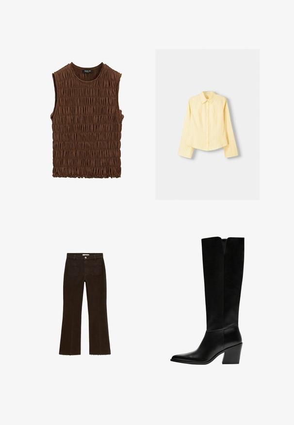 Brown sleeveless top made of gathered fabric. Features a round neckline and a textured surface, with a slightly elasticated hem.; Yellow striped shirt with long sleeves, pointed collar, and front button closure. Features vertical blue stripes and a tailored fit.; Brown flared jeans with a high waist, featuring a button closure, two back pockets, and frayed hem detail. Made from denim fabric.; Black knee-high boots made of smooth leather, featuring a pointed toe, a block heel, and a V-shaped cutout at the top.