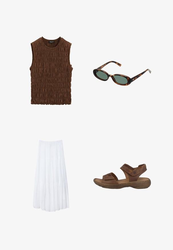 Brązowy bezrękawnik wykonany z zebranej tkaniny. Posiada okrągły dekolt i fakturowaną powierzchnię, z lekko elastycznym wykończeniem dołu.; Biała, warstwowa maxi spódnica wykonana z lekkiego materiału. Posiada elastyczny pasek w talii oraz swobodny krój z delikatną, subtelną teksturą.; Brązowe skórzane sandały z wyściełaną wkładką, dwiema regulowanymi sznurówkami i teksturowaną gumową podeszwą. Zawierają widoczne detale szycia.; Okulary przeciwsłoneczne w kolorze tortoise z owalnymi oprawkami i zielonymi soczewkami. Posiadają cienkie zauszniki z metalowym akcentem przy zawiasach.