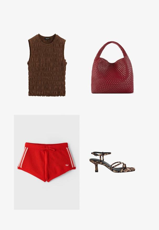 Bruine zonder mouwen top van gepofte stof. Kenmerkt zich door een ronde halslijn en een gestructureerd oppervlak, met een iets elastische onderrand.; Rode gebreide shorts met een geribde tailleband, koordje en witte zijkanten. Heeft een klein wit logo op de voorkant links.; Luipaardprint hakken met een vierkante neus, meerdere bandjes en een middelhoge hak. Gemaakt van zacht textielmateriaal.; Rode geweven handtas gemaakt van leer, met een ronde silhouet en een enkele, dikke handgreep. De textuur is glad met een gevlochten patroon.
