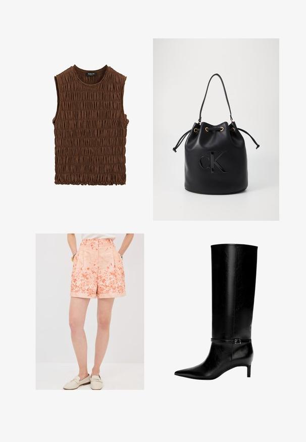 Bruine zonder mouwen top van gepofte stof. Kenmerkt zich door een ronde halslijn en een gestructureerd oppervlak, met een iets elastische onderrand.; Koraloranje shorts met bloemenpatroon, voorzien van plooien en omgeslagen zomen. Gemaakt van een lichtgewicht stof en uitgerust met twee zijzakken voor extra gemak.; Zwarte leren laarzen tot de knie met een spitse neus en een kleine hak. Voorzien van een smalle band met een metalen gesp rond de enkel. Effen textuur.; Zwarte leren emmer tas met trekkoord sluiting, voorzien van een glanzend "CK" logo aan de voorkant en gouden hardware accenten.; Pilgrim UNFOLD - Ketting - gold