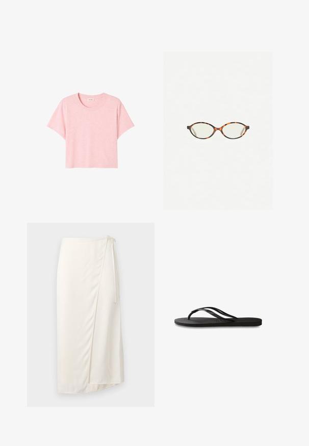 Vaaleanpunainen lyhythihainen T-paita, joka on valmistettu pehmeästä kankaasta. Siinä on pyöreä pääntie ja löysä istuvuus, jossa on hienovarainen heather-tyylinen tekstuuri.; Kreemi värvi mähkeskleit, mis on valmistatud siledast kangast, külgseotava kinnituse ja põlvekõrguse hemiga, millel on kerge esikõhrekäik liikumise mugavuseks.; Mustat flip-flopit, joissa on röpelöinen kumipohja, kaksi hoikkaa remmiä ja hillitty, kohokuvioitu logotyyli remmissä.; Kilpikonnakuosiset silmälasit, joissa on soikeat linssit ja tyylikäs, sileä pinta. Ominaisuudet: ohuet sivut, joissa on hienovarainen kaari temppeleissä. Kirkkaat linssit.