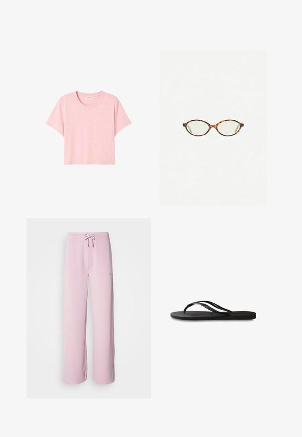 Rosa T-Shirt mit kurzen Ärmeln, aus weichem Stoff gefertigt, mit Rundhalsausschnitt und lockerer Passform sowie einer dezenten melierten Textur.; Helle rosa Jogginghose mit einem Kordelzugbund, weitem Bein und umgeschlagenem Saum. Mit kleinem gesticktem Logo an der Seite. Weiche Stofftextur.; Schwarze Flip-Flops mit einer strukturierten Gummisohle, zwei schlanken Riemen und einem dezenten, geprägten Logo-Detail auf dem Riemen.; Schildpatt-Eyegläser mit ovalen Gläsern und einer eleganten, glatten Oberfläche. Mit dünnen Seiten und einer subtilen Kurve an den Schläfen. Klare Gläser.