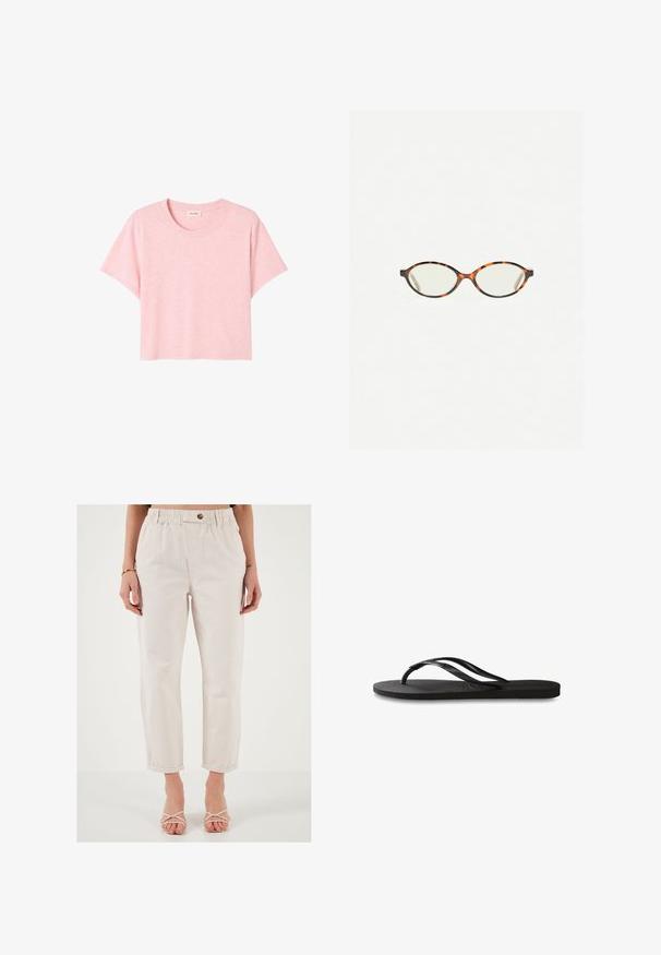 Ružová tričko s krátkym rukávom vyrobené z mäkkej tkaniny, s okrúhlym výstrihom a voľným strihom s jemnou melírovanou textúrou.; Svetlo béžové nohavice s elastickým pásom, predným gombíkom, zúženými nohavicami a rolovanými manžetami. Vyrobené z hladkej, textúrovanej tkaniny.; Čierne žabky s textúrovanou gumovou podrážkou, dvoma štíhlymi popruhmi a diskrétnym embosovaným logom na popruhu.; Korytnačkové okuliare s oválnymi šošovkami a hladkým, lesklým povrchom. Majú tenké strany s jemným zakrivením na spánkoch. Priehľadné šošovky.