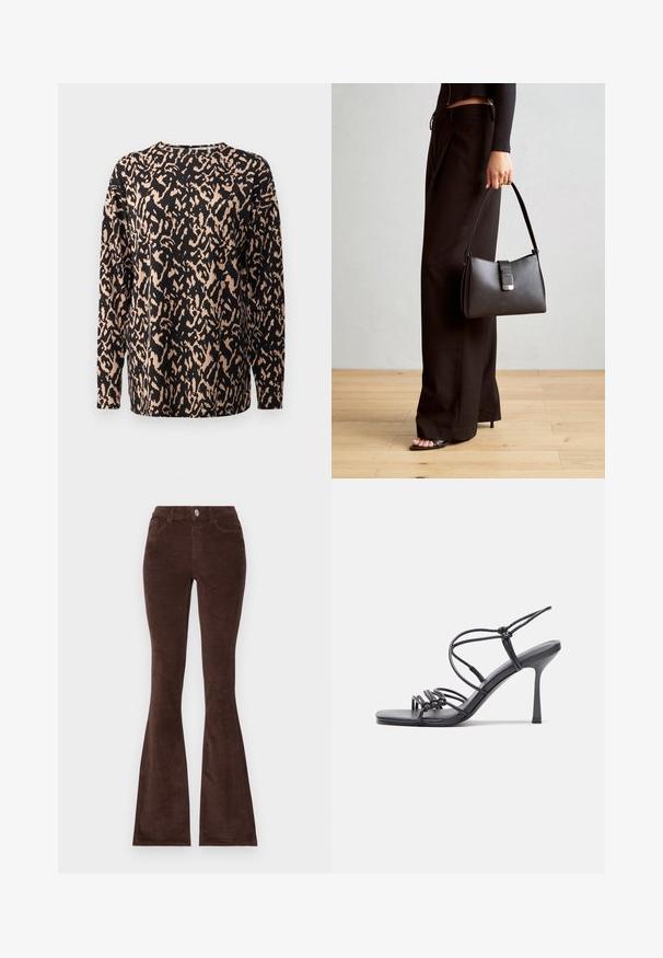 Crna majica dugih rukava sa leopard uzorkom u bež boji. Izrađena od meke, teksturirane tkanine. Okrugli izrez s ležernim krojem.; Smeđi kord ljubičasti hlače sa zakopčavanjem na dugme, dva prednja džepa i teksturirani materijal. Imaju struk koji se prilagođava i široku nogavicu.; Crne sandale na visokoj potpetici imaju tanke trake s čvorastim dizajnom, glatki kvadratni vrh i elegantnu stiletto petu.; Crna torba s oblikom koji sadrži strukturu, glađu teksturu i metalnu kopču. Uparena s širokim crnim hlačama i sandalama na otvorenom s drvenog poda.; Srebro naušnice u obliku prstena s glatkom, sjajnom završnom obradom. Zaobljenog oblika, laganog dizajna, s kopčom na poleđini.
