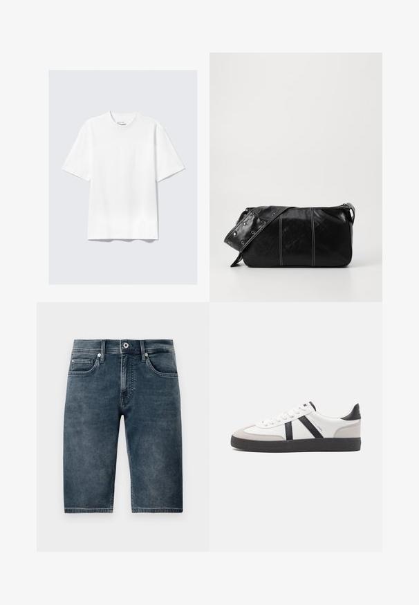 Balta, trumpomis rankovėmis, laisva T marškiniai, išskleisti ant šviesiai pilko fono.; Tamsiai mėlyni džinsiniai šortai, iki kelių, su lygiu paviršiumi, penkios kišenės ir metalinis mygtuko užsegimas. Šiek tiek blukinta danga suteikia kasdienį įvaizdį.; Balti sportbačiai su juodais ir pilkais akcentais, pasižymintys tekstūruotu pilku pirštų dangteliu, juoda gumine padais ir plokščiomis baltomis raišteliais. Švarus dizainas, minimalistinis stilius.; Juodas odinis pečių krepšys su užtrauktuku, turintis tekstūruotą paviršių, baltą siuvinėjimą ir dirželį su sidabinėmis metalinėmis detalėmis.