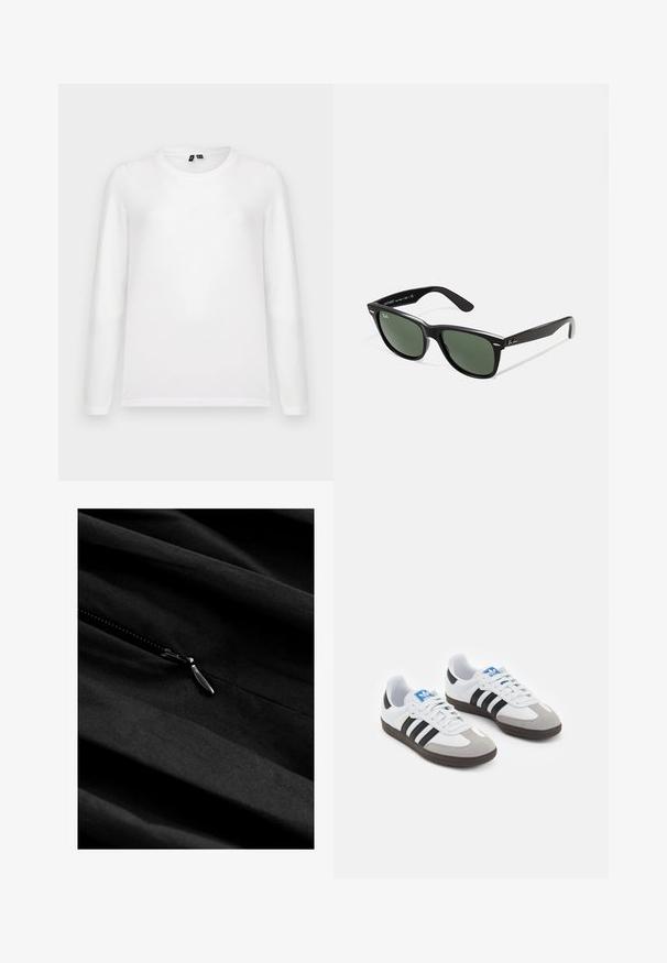 Maglietta bianca a maniche lunghe con collo rotondo stesa su uno sfondo grigio chiaro, con i tag del collo ben visibili.; Tessuto nero con una superficie liscia e una zip visibile. La zip presenta un cursore metallico che si fonde delicatamente con il materiale scuro.; Scarpe sportive con tomaia in pelle bianca, punta in suede grigia e tre strisce nere. Presentano un logo blu sulla linguetta e una suola in gomma testurizzata.; Occhiali da sole in plastica nera con lenti verdi, montatura quadrata, dettaglio argento sulla parte superiore e steli con texture. Marchio indicato sulla parte interna dello stelo.