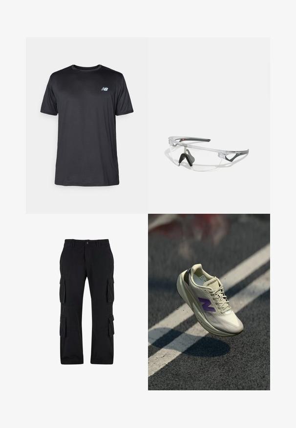 New Balance Sports T-shirt - black; Black cargo pants made of cotton fabric, featuring multiple side pockets, a relaxed fit, and a straight leg design.; Light cream running shoe with purple logo. Features textured upper, laces, and cushioned sole. Elevated design with a pronounced heel.; Clear safety glasses with a lightweight, transparent frame and gray accents. Features a wraparound design and adjustable nosepiece.
