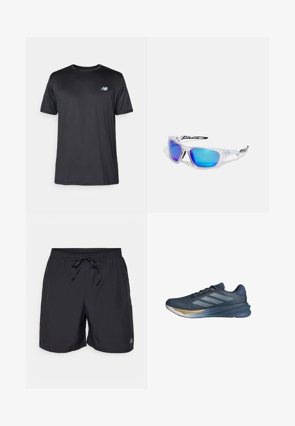 New Balance Sports T-shirt - black; Black elastic waist shorts with an adjustable drawstring and small reflective logo on the left leg.; adidas Performance SUPERNOVA STRIDE 2 - Road running shoes - preloved ink cloud white dark blue; Sports sunglasses with clear frames, blue and purple mirrored lenses, angular design, and black accents on the temples.