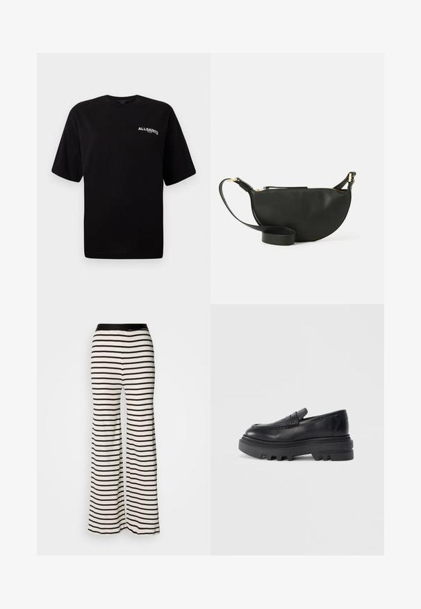 Black cotton t-shirt with a crew neckline, short sleeves, and a small white "ALLSAINTS" logo on the left chest. Smooth texture, relaxed fit.; Striped wide-leg pants with a black waistband. Made of lightweight fabric featuring horizontal black and white stripes.; Black leather loafer with a chunky black sole and textured strap detail. Smooth finish and rounded shape enhance its contemporary design.; Black leather crossbody bag with half-moon shape, textured surface, gold zipper, and a flat strap. Compact design suitable for essentials.