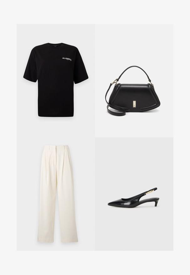 Camiseta de algodón negra con cuello redondo, mangas cortas y un pequeño logotipo blanco de "ALLSAINTS" en el lado izquierdo del pecho. Textura suave, ajuste relajado.; Pantalones de pierna ancha beige, confeccionados en una tela suave, con pliegues en la parte frontal, una cintura alta y corte recto hasta el dobladillo.; Tacones negros de piel sintética tipo slingback con punta afilada, que cuentan con un tacón delgado y un detalle en tono dorado en la correa ajustable. Textura suave.; Bolso de mano de cuero negro con un diseño estructurado, que presenta una forma recortada, asa superior y acentos en dorado. Correa de hombro ajustable incluida.