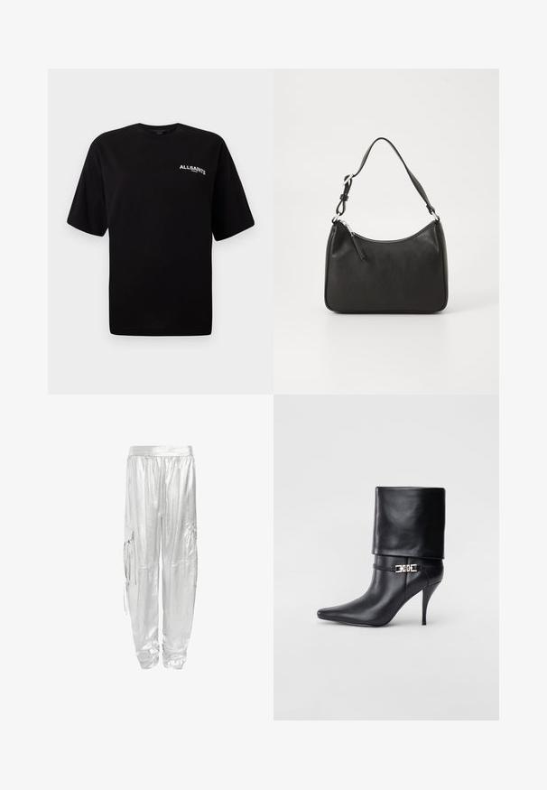 Schwarzes Baumwoll-T-Shirt mit Rundhalsausschnitt, kurzen Ärmeln und kleinem weißen "ALLSAINTS"-Logo auf der linken Brust. Glatte Textur, lockere Passform.; Silberne Cargo-Hosen mit glänzender, metallischer Oberfläche. Entworfen mit einem elastischen Bund und zwei Seitentaschen für Funktionalität.; Schwarze Leder-Ankle-Boots mit spitzer Zehenpartie, hohen Stiletto-Absätzen, umgeschlagenem Schaft und einem goldenen dekorativen Schnallen-Detail an der Knöchel.; Schwarze Lederhandtasche mit geschwungener Form, einem einzigen Tragegurt, Reißverschlussverschluss und dezentem Branding auf der Vorderseite. Glatte Textur, minimalistisches Design.