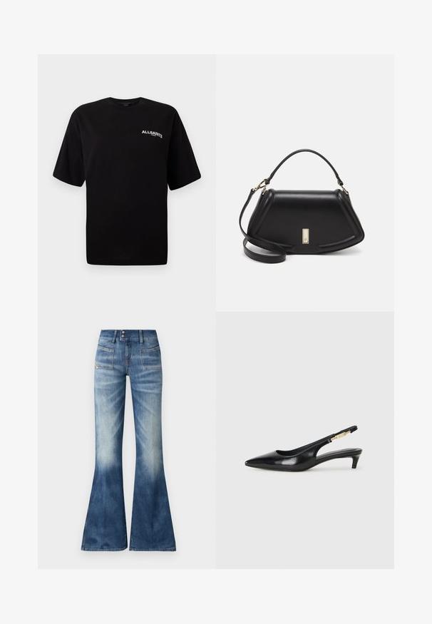 Musta puuvillapaita, jossa on pyöreä kaula-aukko, lyhyet hihat ja pieni valkoinen "ALLSAINTS" -logo vasemmassa rinnassa. Tasainen pinta, rento istuvuus.; Laivastonsiniset farkut, joissa on kevyestä tummansiniseksi muuttuva gradientti, kaksi etutaskua ja nappikiinnitys. Ominaisuuksina minimaalinen ommel ja sileä pinta.; Mustat nahkaiset slingback-korkokengät, joissa on terävä kärki, ohuet korot ja kultasävytteinen yksityiskohta säädettävässä hihnassa. Silkkinen pinta.; Mustalla nahkalaukulla, jossa on jämäkkä muotoilu, lyhyt malli, yläkahva ja kultaiset yksityiskohdat. Säädettävä olkahihna sisältyy.