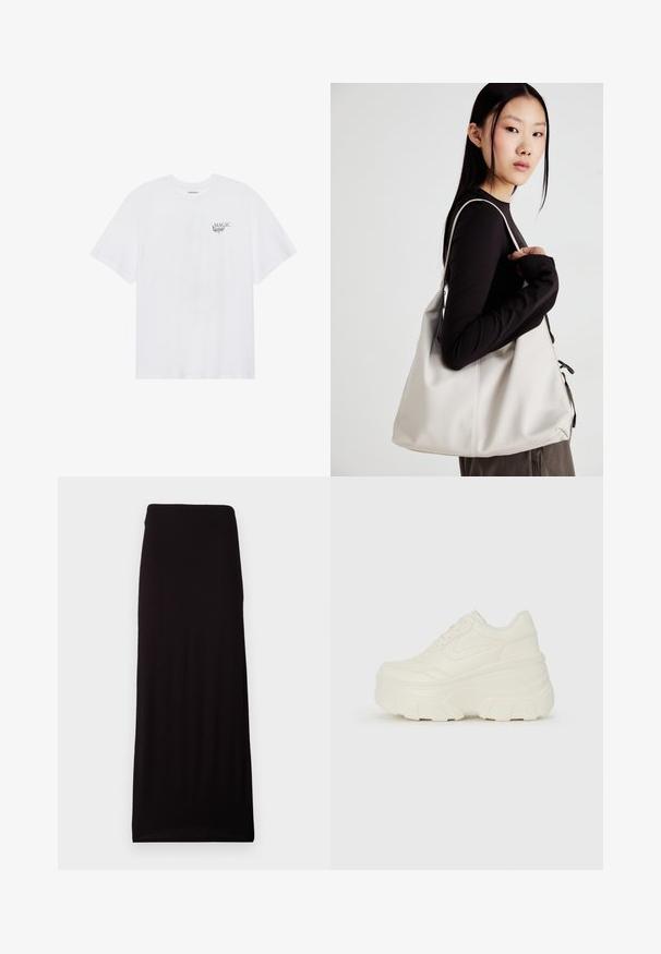 Even&Odd Nyomott mintás póló - white; Gina Tricot SOFT TOUCH MAXI SKIRT - Maxi szoknya - black; Fehér platform sportcipők, sima bőrszerű felsőrésszel, kerek formával, párnázott bokával és texturált gumitalppal, jól definiált mintázattal.; Puha anyagból készült bézs kézitáska, laza dizájnnal, varrott részletekkel és két vállpánttal. Mindennapi használatra alkalmas.